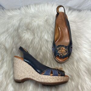 Naya Coretta Blue/Yellow Trim Espadrille Wedges Floral Trim Sz 7.5